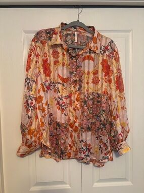 Floral Print Long-Sleeve Button-Up Blouse - Pink & Orange & gold